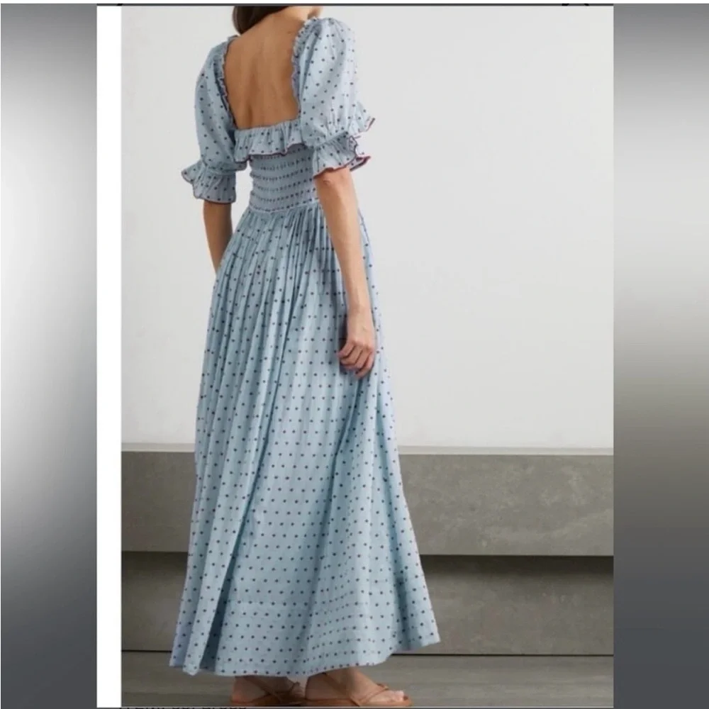 DOEN Sol Dress Blue Red Polka Dot Ruffle Midi Maxi - Picture 4 of 9